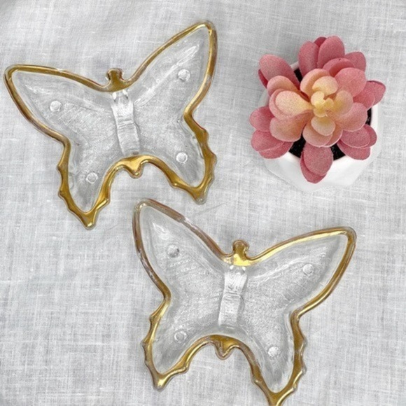 Jeanette Vintage Butterfly Trinket Dishes Clear Dish Gold Trim‎ Set of 2 - Picture 1 of 6